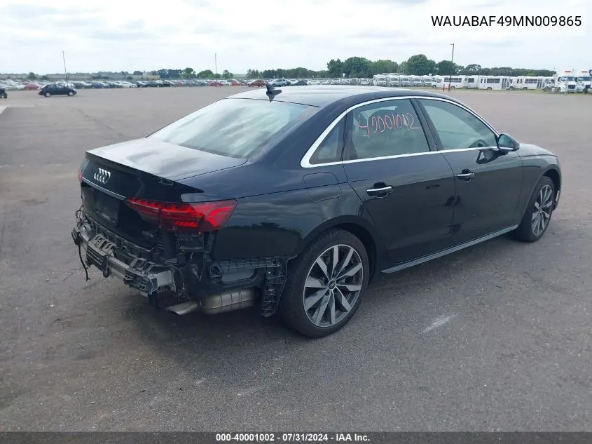 2021 Audi A4 Premium 40 Tfsi Quattro S Tronic VIN: WAUABAF49MN009865 Lot: 40001002