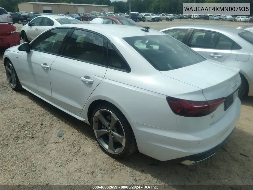 2021 Audi A4 Premium Plus 45 Tfsi S Line Quattro S Tronic VIN: WAUEAAF4XMN007935 Lot: 40032659