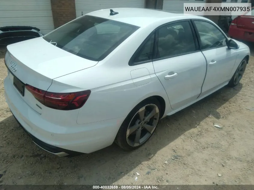 2021 Audi A4 Premium Plus 45 Tfsi S Line Quattro S Tronic VIN: WAUEAAF4XMN007935 Lot: 40032659