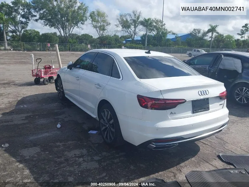 2021 Audi A4 Premium 40 Tfsi Quattro S Tronic VIN: WAUABAF40MN002741 Lot: 40250905