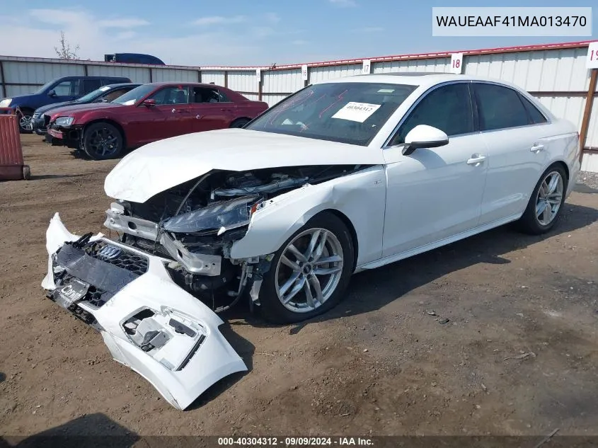 2021 Audi A4 Premium Plus 45 Tfsi S Line Quattro S Tronic VIN: WAUEAAF41MA013470 Lot: 40304312