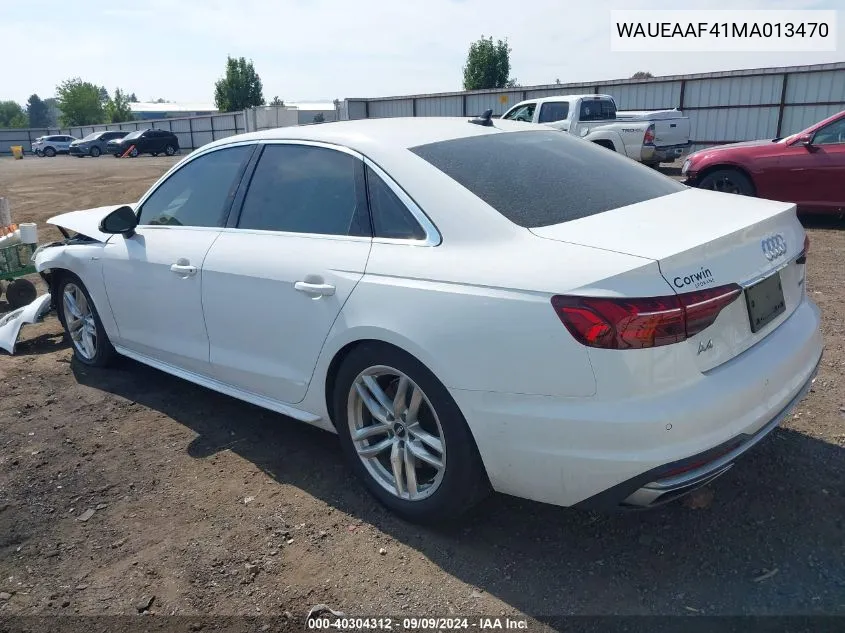 2021 Audi A4 Premium Plus 45 Tfsi S Line Quattro S Tronic VIN: WAUEAAF41MA013470 Lot: 40304312