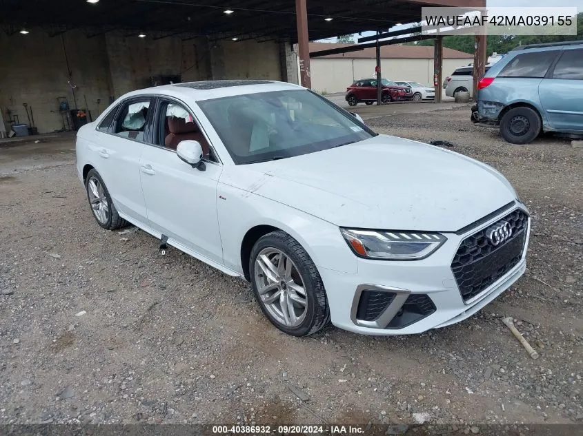 2021 Audi A4 Premium Plus 45 Tfsi S Line Quattro S Tronic VIN: WAUEAAF42MA039155 Lot: 40386932