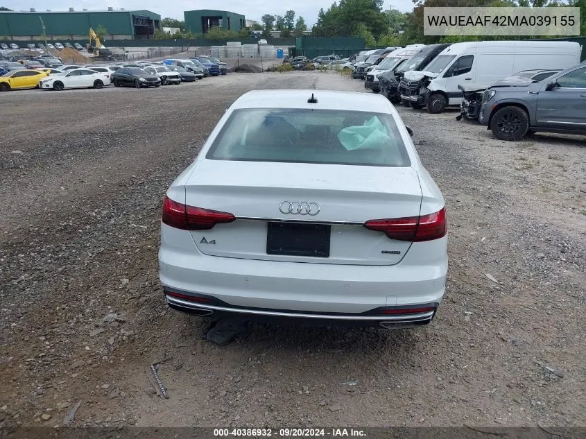 2021 Audi A4 Premium Plus 45 Tfsi S Line Quattro S Tronic VIN: WAUEAAF42MA039155 Lot: 40386932