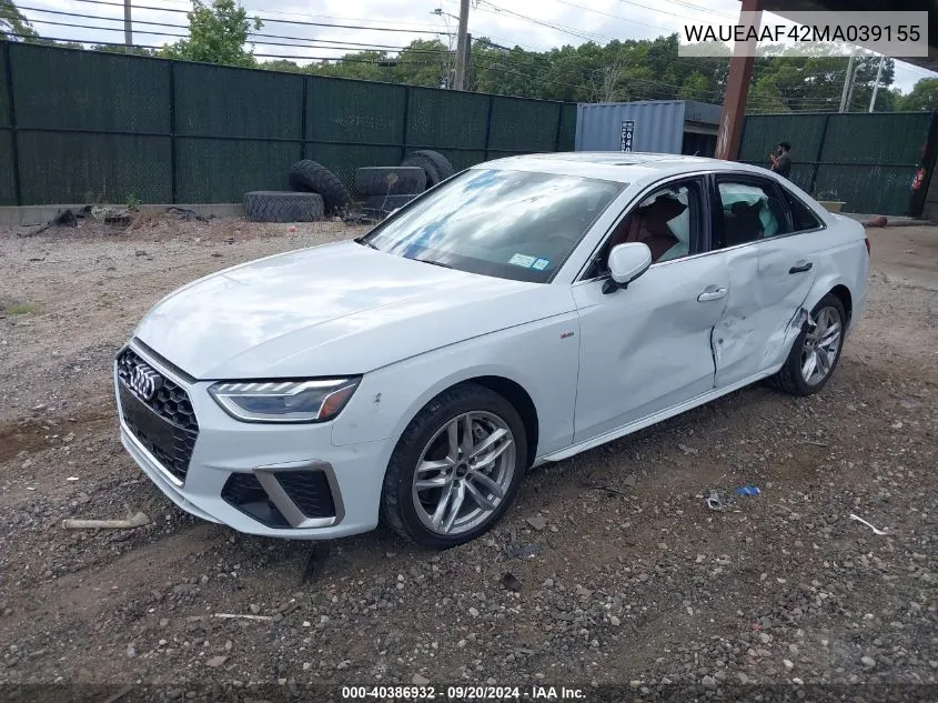 WAUEAAF42MA039155 2021 Audi A4 Premium Plus 45 Tfsi S Line Quattro S Tronic