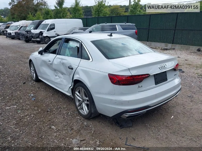 2021 Audi A4 Premium Plus 45 Tfsi S Line Quattro S Tronic VIN: WAUEAAF42MA039155 Lot: 40386932