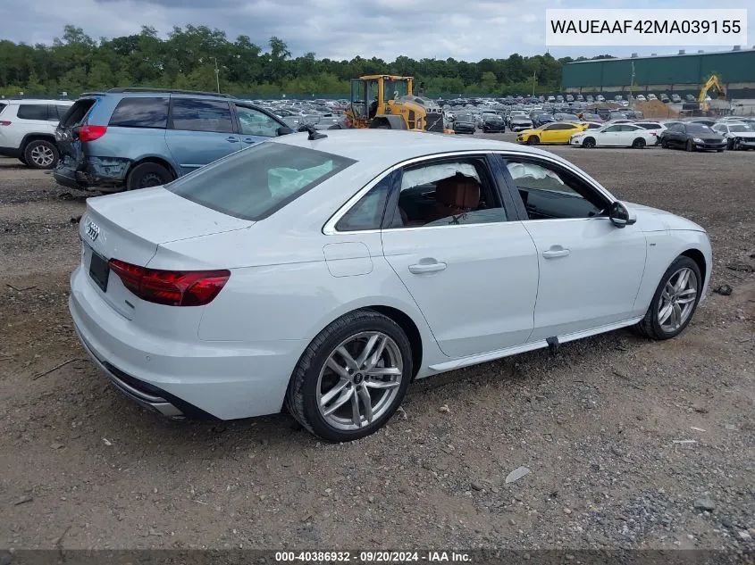 WAUEAAF42MA039155 2021 Audi A4 Premium Plus 45 Tfsi S Line Quattro S Tronic