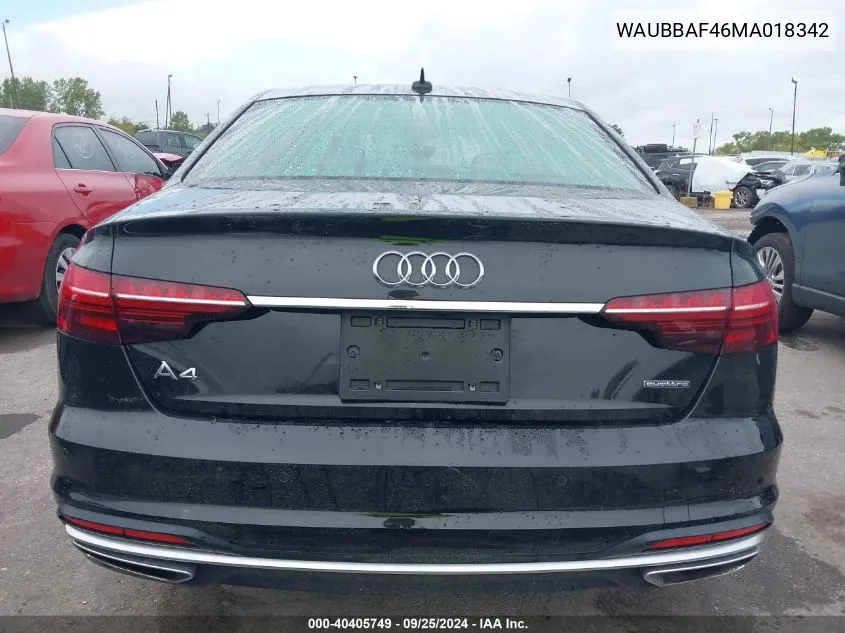 2021 Audi A4 Premium Plus 40 Tfsi Quattro S Tronic VIN: WAUBBAF46MA018342 Lot: 40405749