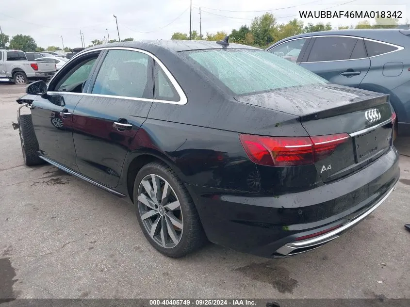 2021 Audi A4 Premium Plus 40 Tfsi Quattro S Tronic VIN: WAUBBAF46MA018342 Lot: 40405749