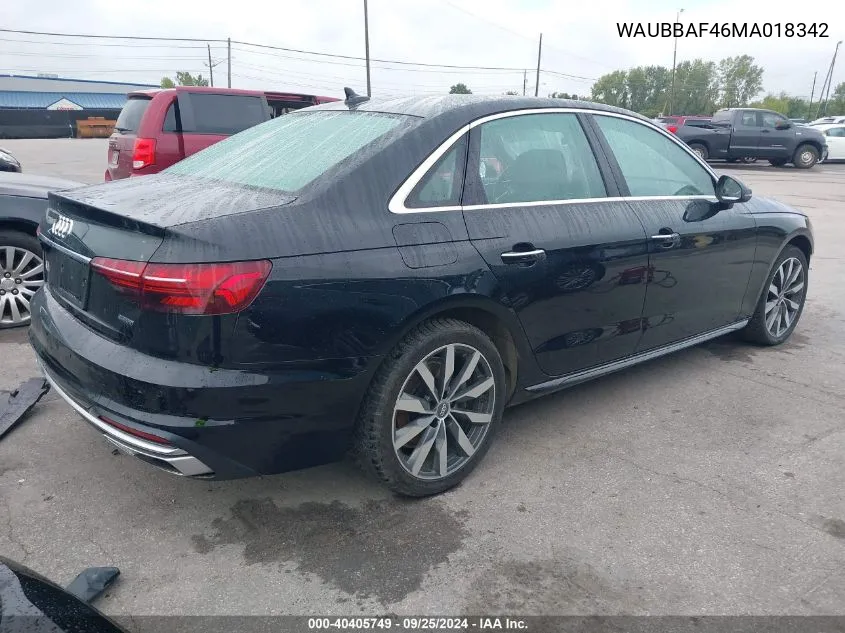 2021 Audi A4 Premium Plus 40 Tfsi Quattro S Tronic VIN: WAUBBAF46MA018342 Lot: 40405749