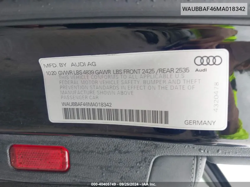 2021 Audi A4 Premium Plus 40 Tfsi Quattro S Tronic VIN: WAUBBAF46MA018342 Lot: 40405749