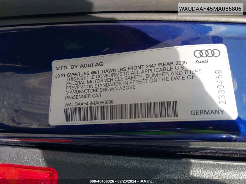 2021 Audi A4 Premium 45 VIN: WAUDAAF45MA086806 Lot: 40406326