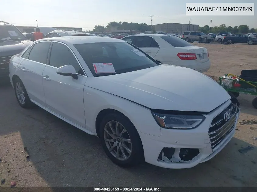 2021 Audi A4 Premium 40 VIN: WAUABAF41MN007849 Lot: 40425159