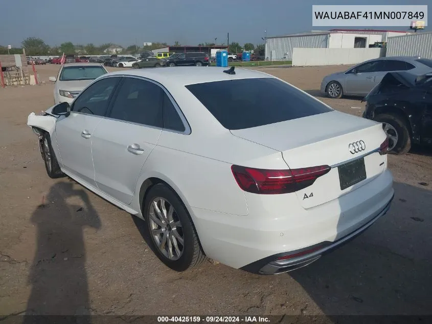 2021 Audi A4 Premium 40 VIN: WAUABAF41MN007849 Lot: 40425159