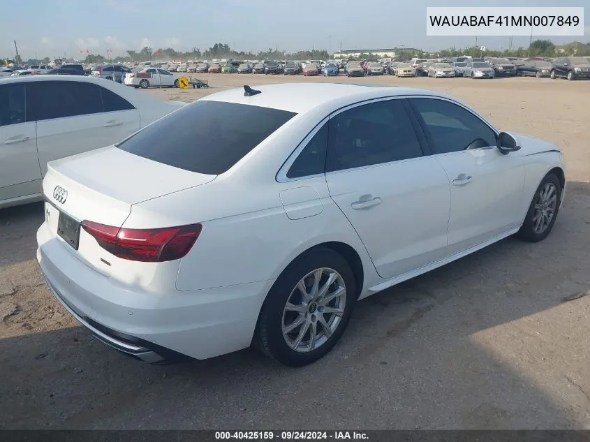 2021 Audi A4 Premium 40 VIN: WAUABAF41MN007849 Lot: 40425159