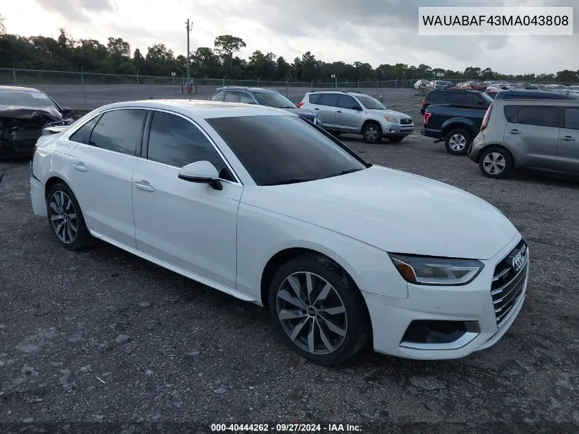 WAUABAF43MA043808 2021 Audi A4 Premium 40