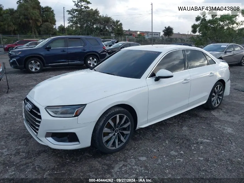 WAUABAF43MA043808 2021 Audi A4 Premium 40