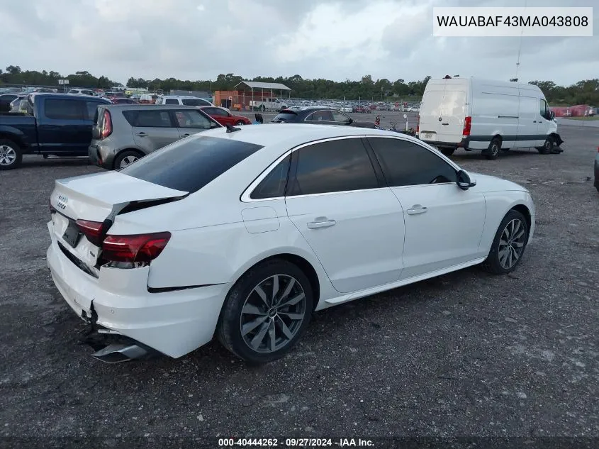 WAUABAF43MA043808 2021 Audi A4 Premium 40