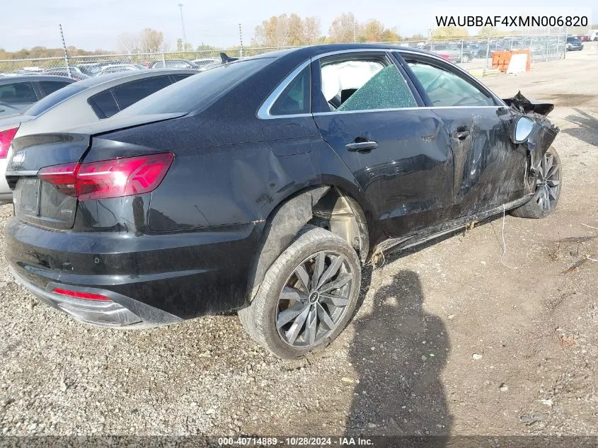 2021 Audi A4 Premium Plus 40 Tfsi Quattro S Tronic VIN: WAUBBAF4XMN006820 Lot: 40714889