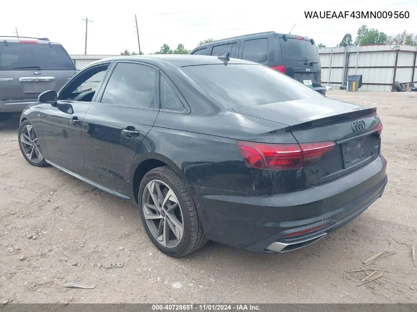 2021 Audi A4 Premium Plus 45 Tfsi S Line Quattro S Tronic VIN: WAUEAAF43MN009560 Lot: 40729651