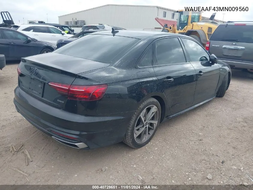 2021 Audi A4 Premium Plus 45 Tfsi S Line Quattro S Tronic VIN: WAUEAAF43MN009560 Lot: 40729651