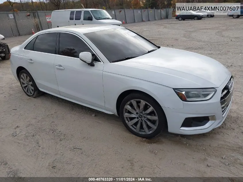 2021 Audi A4 Premium 40 Tfsi Quattro S Tronic VIN: WAUABAF4XMN007607 Lot: 40763320