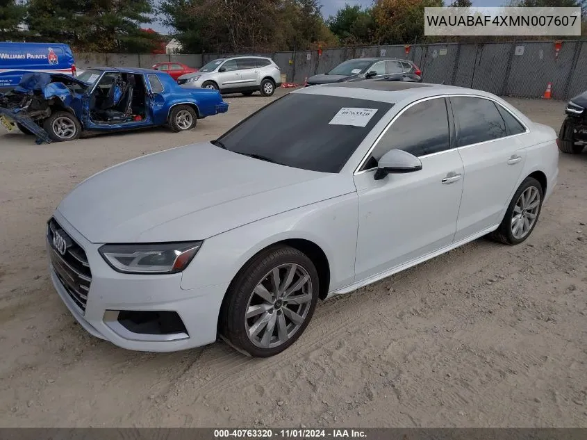 2021 Audi A4 Premium 40 Tfsi Quattro S Tronic VIN: WAUABAF4XMN007607 Lot: 40763320