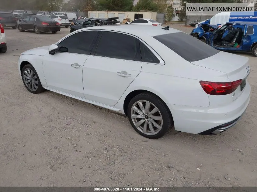 2021 Audi A4 Premium 40 Tfsi Quattro S Tronic VIN: WAUABAF4XMN007607 Lot: 40763320