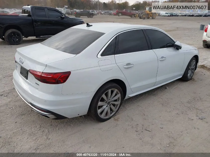 2021 Audi A4 Premium 40 Tfsi Quattro S Tronic VIN: WAUABAF4XMN007607 Lot: 40763320