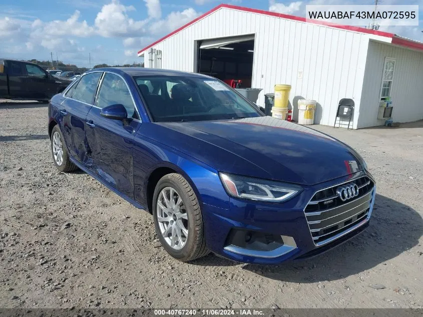 2021 Audi A4 Premium 40 Tfsi Quattro S Tronic VIN: WAUABAF43MA072595 Lot: 40767240