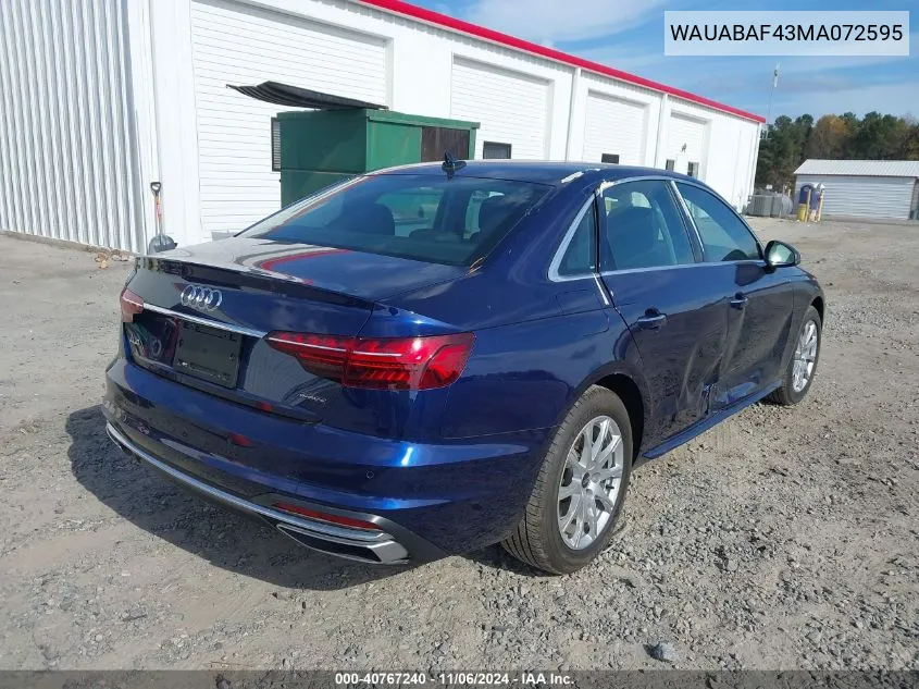 2021 Audi A4 Premium 40 Tfsi Quattro S Tronic VIN: WAUABAF43MA072595 Lot: 40767240