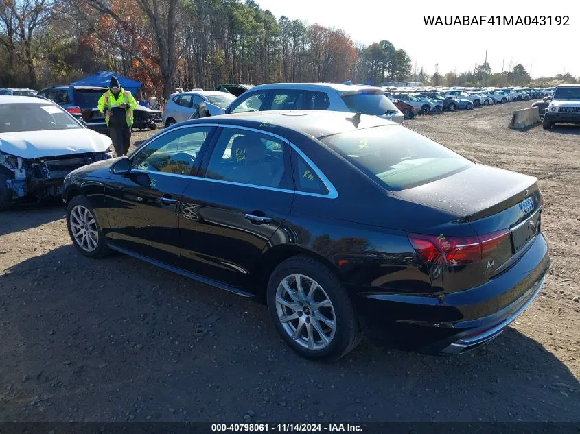 2021 Audi A4 Sedan Premium VIN: WAUABAF41MA043192 Lot: 40798061