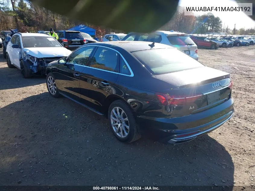 2021 Audi A4 Sedan Premium VIN: WAUABAF41MA043192 Lot: 40798061