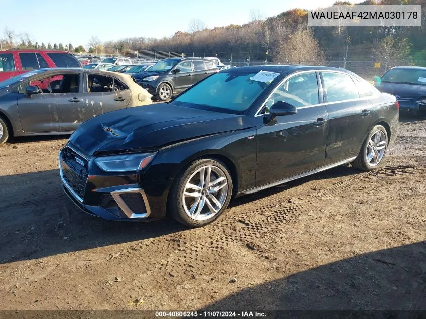 2021 Audi A4 Premium Plus 45 Tfsi S Line Quattro S Tronic VIN: WAUEAAF42MA030178 Lot: 40806245