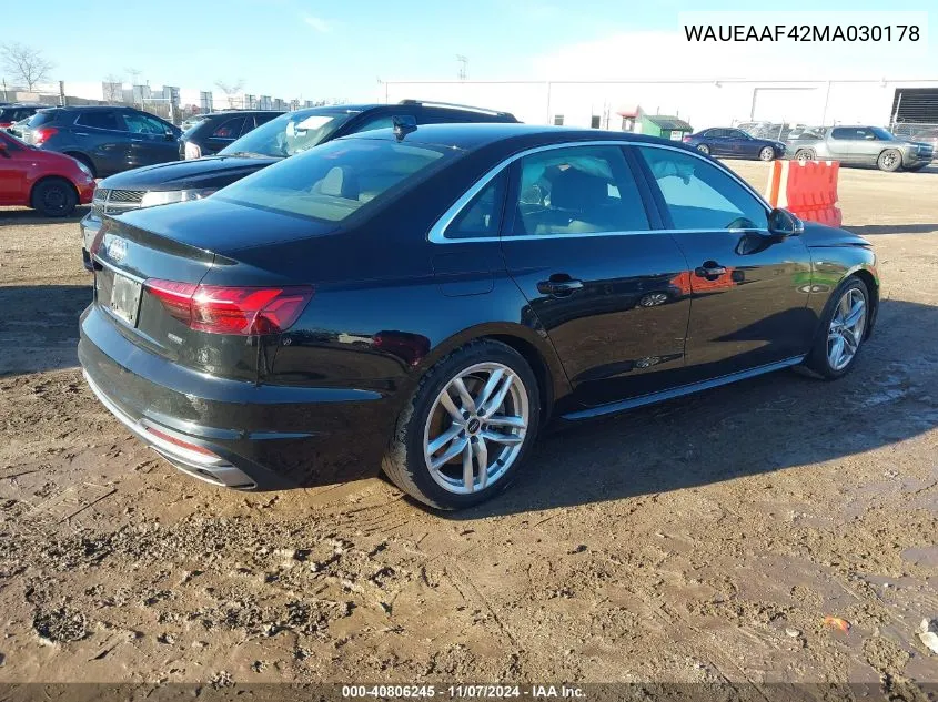 2021 Audi A4 Premium Plus 45 Tfsi S Line Quattro S Tronic VIN: WAUEAAF42MA030178 Lot: 40806245