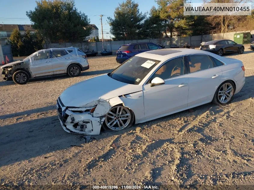 2021 Audi A4 Premium Plus 45 Tfsi S Line Quattro S Tronic VIN: WAUEAAF40MN010455 Lot: 40815396