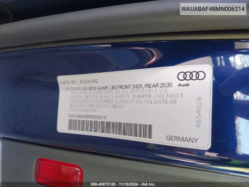 2021 Audi A4 Premium 40 Tfsi Quattro S Tronic VIN: WAUABAF48MN006214 Lot: 40872120