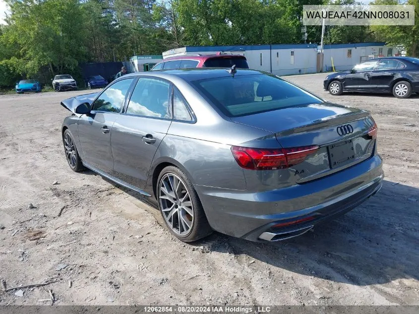 2022 Audi A4 Sedan VIN: WAUEAAF42NN008031 Lot: 12062854