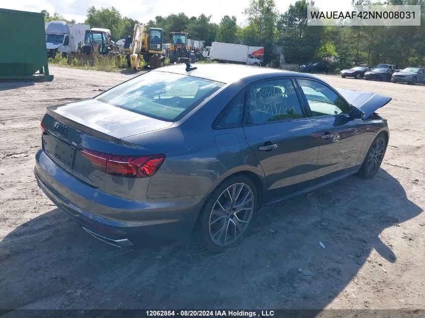 2022 Audi A4 Sedan VIN: WAUEAAF42NN008031 Lot: 12062854