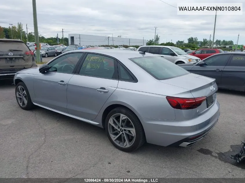 WAUAAAF4XNN010804 2022 Audi A4 Sedan