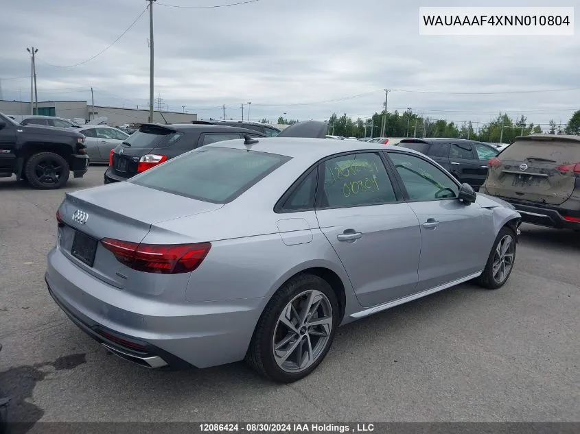 WAUAAAF4XNN010804 2022 Audi A4 Sedan