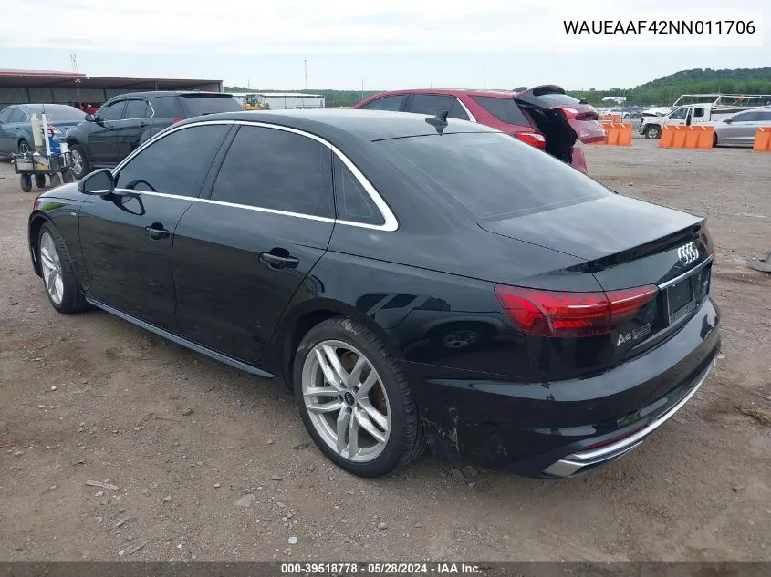 2022 Audi A4 Premium Plus 45 Tfsi S Line Quattro S Tronic VIN: WAUEAAF42NN011706 Lot: 39518778