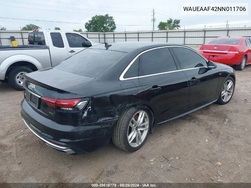 2022 Audi A4 Premium Plus 45 Tfsi S Line Quattro S Tronic VIN: WAUEAAF42NN011706 Lot: 39518778