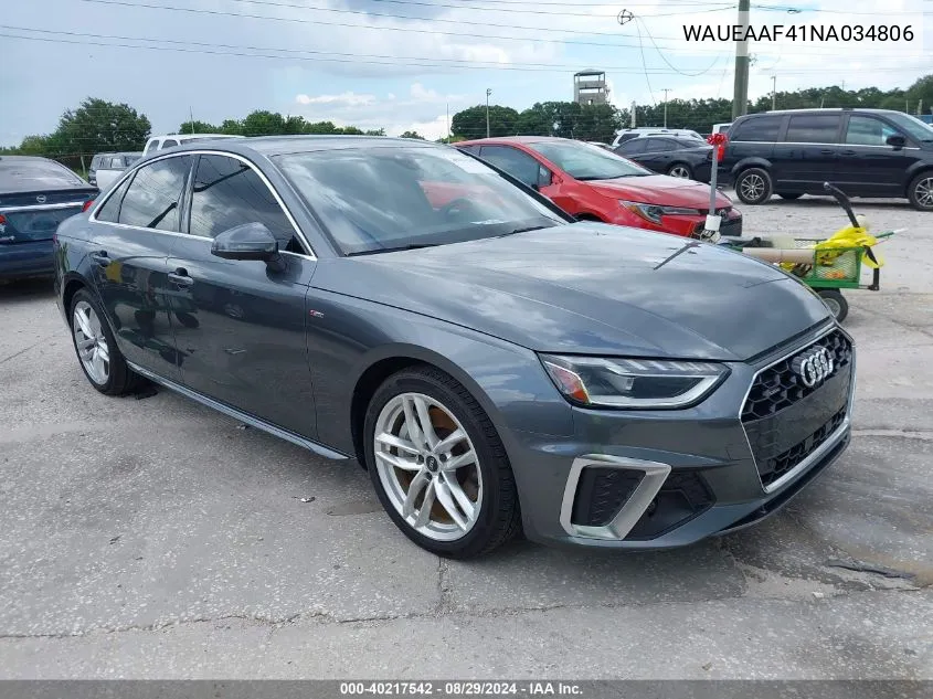 2022 Audi A4 Premium Plus 45 Tfsi S Line Quattro S Tronic VIN: WAUEAAF41NA034806 Lot: 40217542