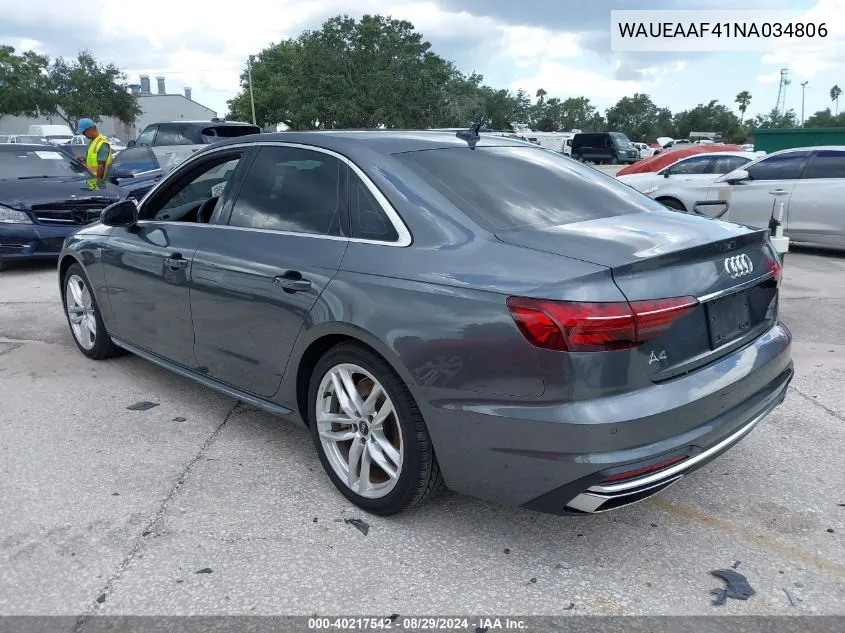 2022 Audi A4 Premium Plus 45 Tfsi S Line Quattro S Tronic VIN: WAUEAAF41NA034806 Lot: 40217542