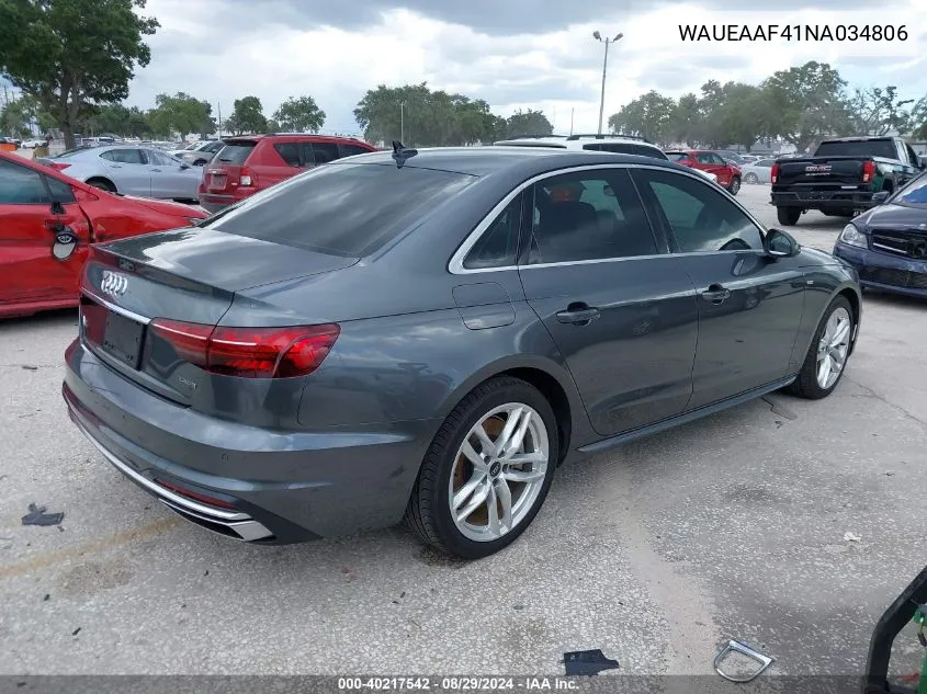 2022 Audi A4 Premium Plus 45 Tfsi S Line Quattro S Tronic VIN: WAUEAAF41NA034806 Lot: 40217542