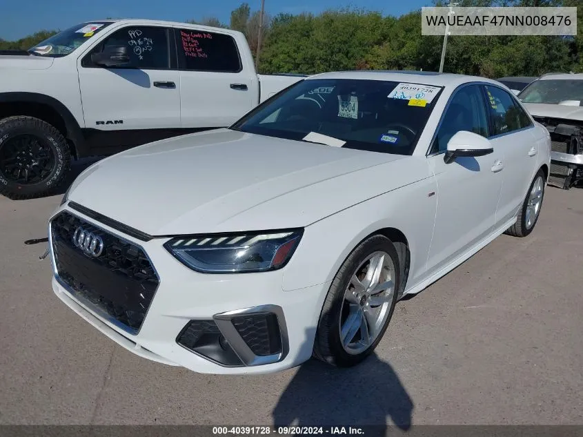 2022 Audi A4 Premium Plus 45 Tfsi S Line Quattro S Tronic VIN: WAUEAAF47NN008476 Lot: 40391728