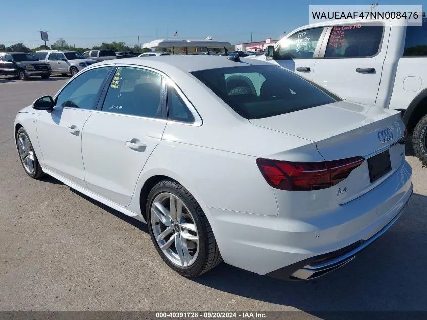 2022 Audi A4 Premium Plus 45 Tfsi S Line Quattro S Tronic VIN: WAUEAAF47NN008476 Lot: 40391728