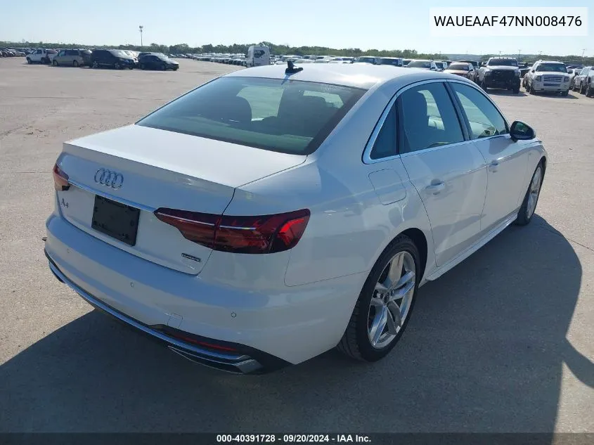 2022 Audi A4 Premium Plus 45 Tfsi S Line Quattro S Tronic VIN: WAUEAAF47NN008476 Lot: 40391728