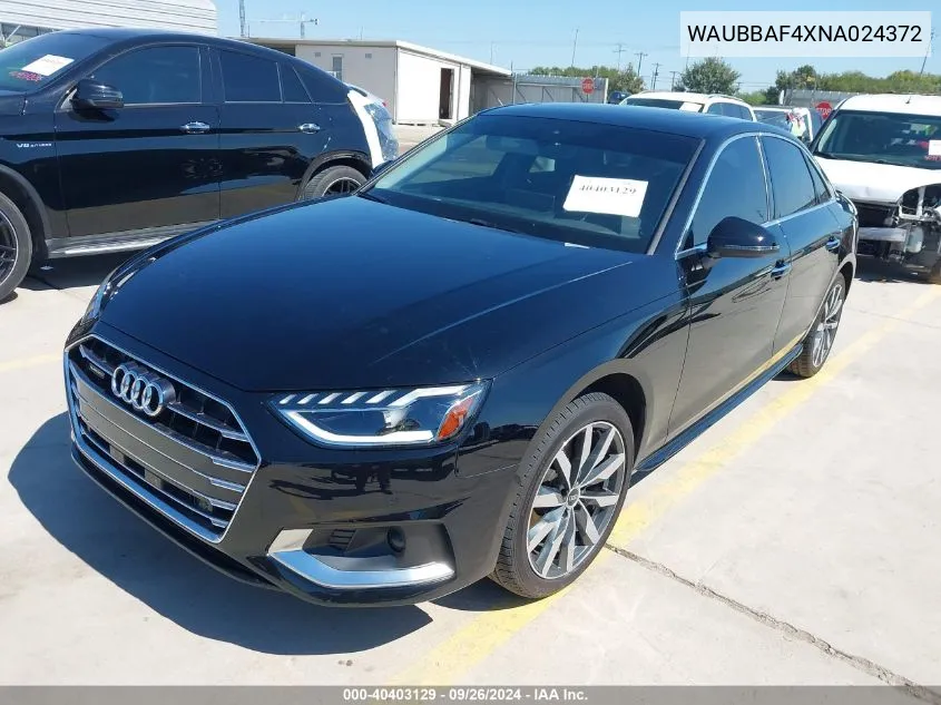 2022 Audi A4 Premium Plus 40 Tfsi Quattro S Tronic VIN: WAUBBAF4XNA024372 Lot: 40403129